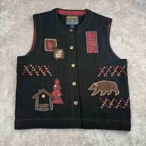 Woolrich Black 100% Wool Bear Cabin Lodge Novelty Patchwork Vest size M